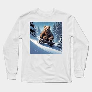 Teddy on a sledge riding down a hill in the snow Long Sleeve T-Shirt